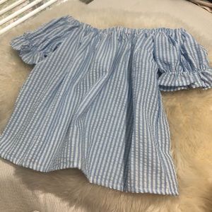Cute Blue White Striped Off Shoulder Flowy Top